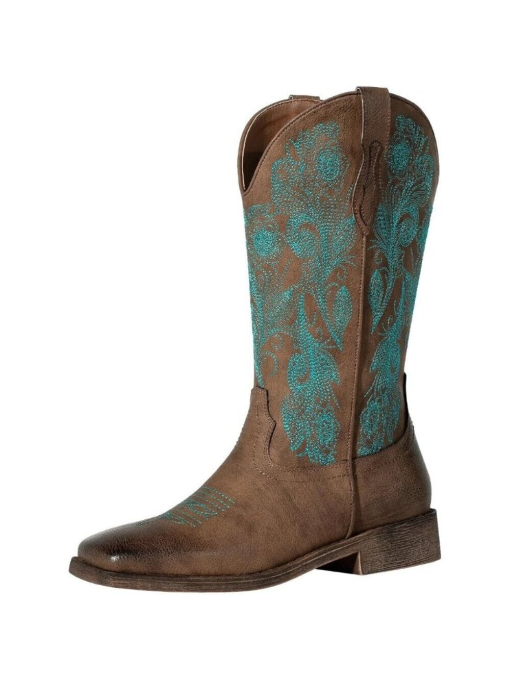 Women Dark-Brown Square Toe Calf High Fashion Western Embroidered Cowgirl Boots